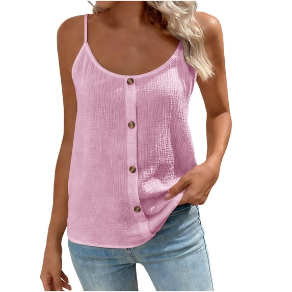 Summer Tops For Women Sevevn Women's Button Front Cami Top Sleeveless Spaghetti Strap Tank Top for Casual Summer Pink L