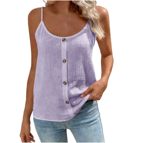 Summer Tops For Women Sevevn Women's Button Front Cami Top Sleeveless Spaghetti Strap Tank Top for Casual Summer Purple M