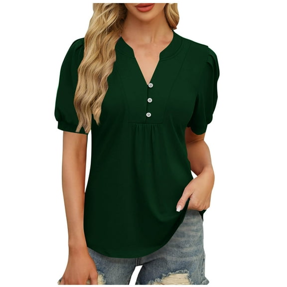 Summer Tops For Women Sevevn Women's Casual Solid Color V-Neck Short Sleeve Blouse