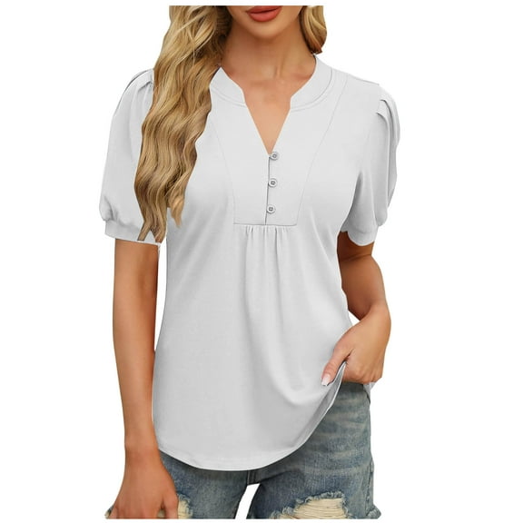 Summer Tops For Women Sevevn Women's Casual Solid Color V-Neck Short Sleeve Blouse