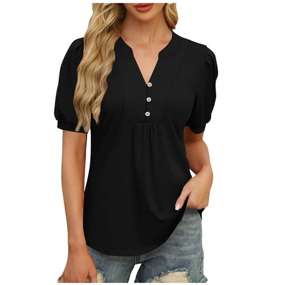Summer Tops For Women Sevevn Women's Casual Solid Color V-Neck Short Sleeve Blouse