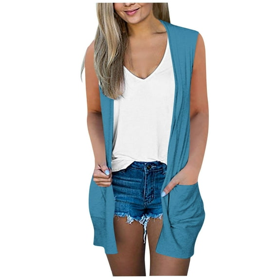 Summer Tops For Women Sevevn Women's Fashion Casual Sleeveless Solid Pocket Ladies Long Tops Blouse Cardigan