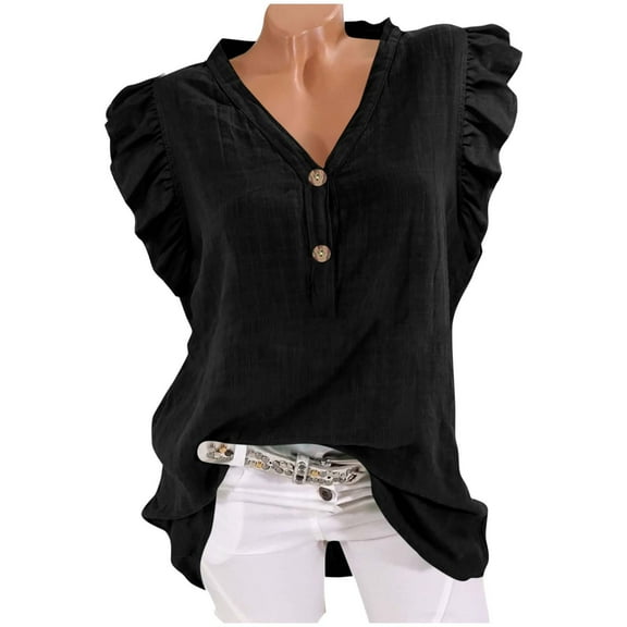 Summer Tops For Women Sevevn Women's Fashion Casual Solid V-Neck Loose Sleeves T-Shirt