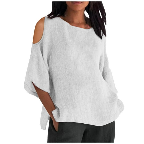 Summer Tops For Women Sevevn Women's Fashion Cropped Sleeves Round Neck Loose Off Shoulder Shirt Blouse