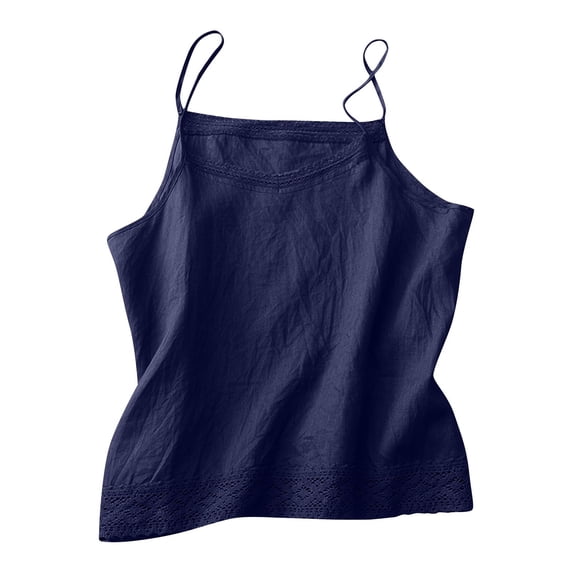 Summer Tops For Women Sevevn Women's Linen Lace Trim Cami Top Breathable Camisole Navy XL