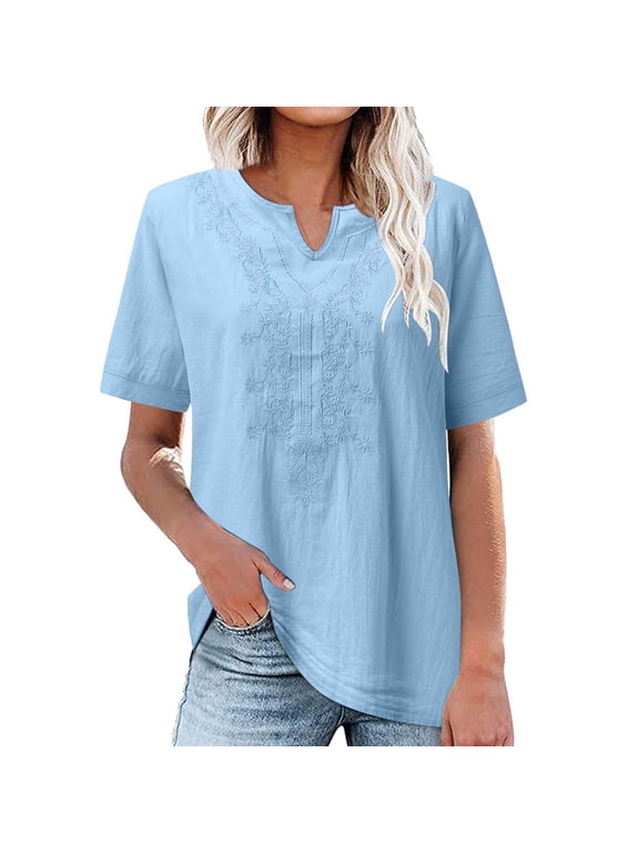 Summer Tops For Women Sevevn Women's Linen Shirts Short Sleeve Round Neck Babydoll Tops Blouses