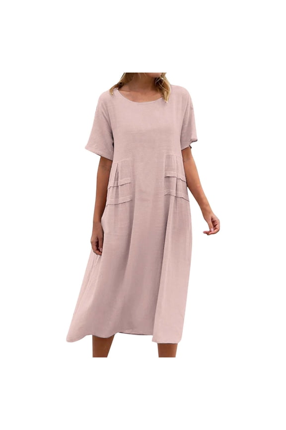 Summer Dresses For Women Sevevn Women's Summer Casual Loose Linen Short Sleeve Round Neck Dress