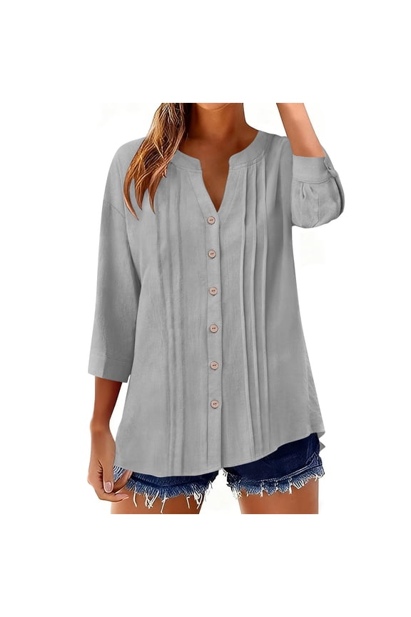 Summer Tops For Women Sevevn Women's Pleated Front Button Down Blouse Short Sleeve Collared V Neck Casual Shirt Gray S