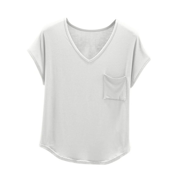Summer Tops For Women Sevevn Women's Solid V-Neck With Chest Pocket Short Sleeved T-Shirt Top