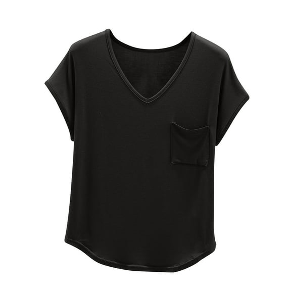 Summer Tops For Women Sevevn Women's Solid V-Neck With Chest Pocket Short Sleeved T-Shirt Top