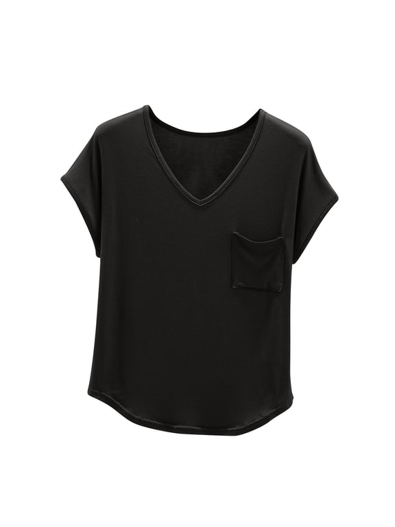 Summer Tops For Women Sevevn Women's Solid V-Neck With Chest Pocket Short Sleeved T-Shirt Top