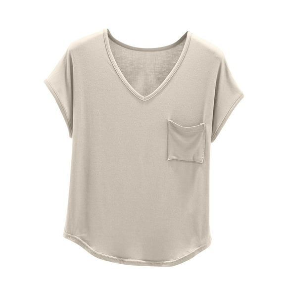 Summer Tops For Women Sevevn Women's Solid V-Neck With Chest Pocket Short Sleeved T-Shirt Top