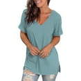 thumbnail image 1 of Summer Tops For Women Sevevn Womens Fashion V-Neck Rolled Sleeve Short Sleeve Blouse Casual Solid Loose T-Shirt, 1 of 5