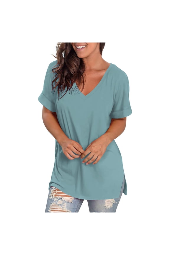 Summer Tops For Women Sevevn Womens Fashion V-Neck Rolled Sleeve Short Sleeve Blouse Casual Solid Loose T-Shirt