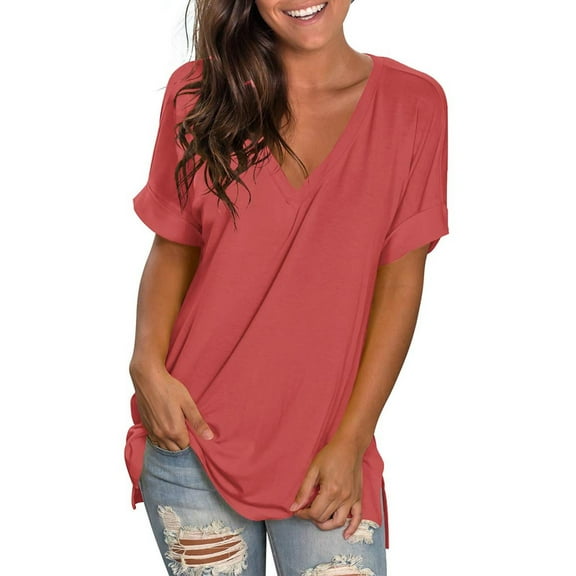 Summer Tops For Women Sevevn Womens Fashion V-Neck Rolled Sleeve Short Sleeve Blouse Casual Solid Loose T-Shirt