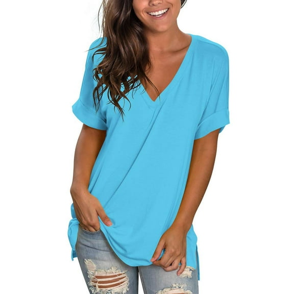 Summer Tops For Women Sevevn Womens Fashion V-Neck Rolled Sleeve Short Sleeve Blouse Casual Solid Loose T-Shirt