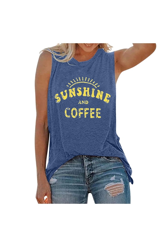 Summer Tops For Women T Shirts Loose Fit Casual Crew Neck Tank Sunshine And Coffee Print Sleeveless Short Sleeve Graphic Tees For Women Blue M