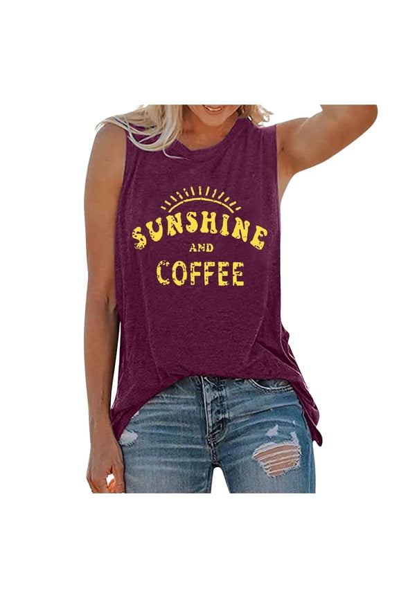 Summer Tops For Women T Shirts Loose Fit Casual Crew Neck Tank Sunshine And Coffee Print Sleeveless Short Sleeve Graphic Tees For Women Red XXL