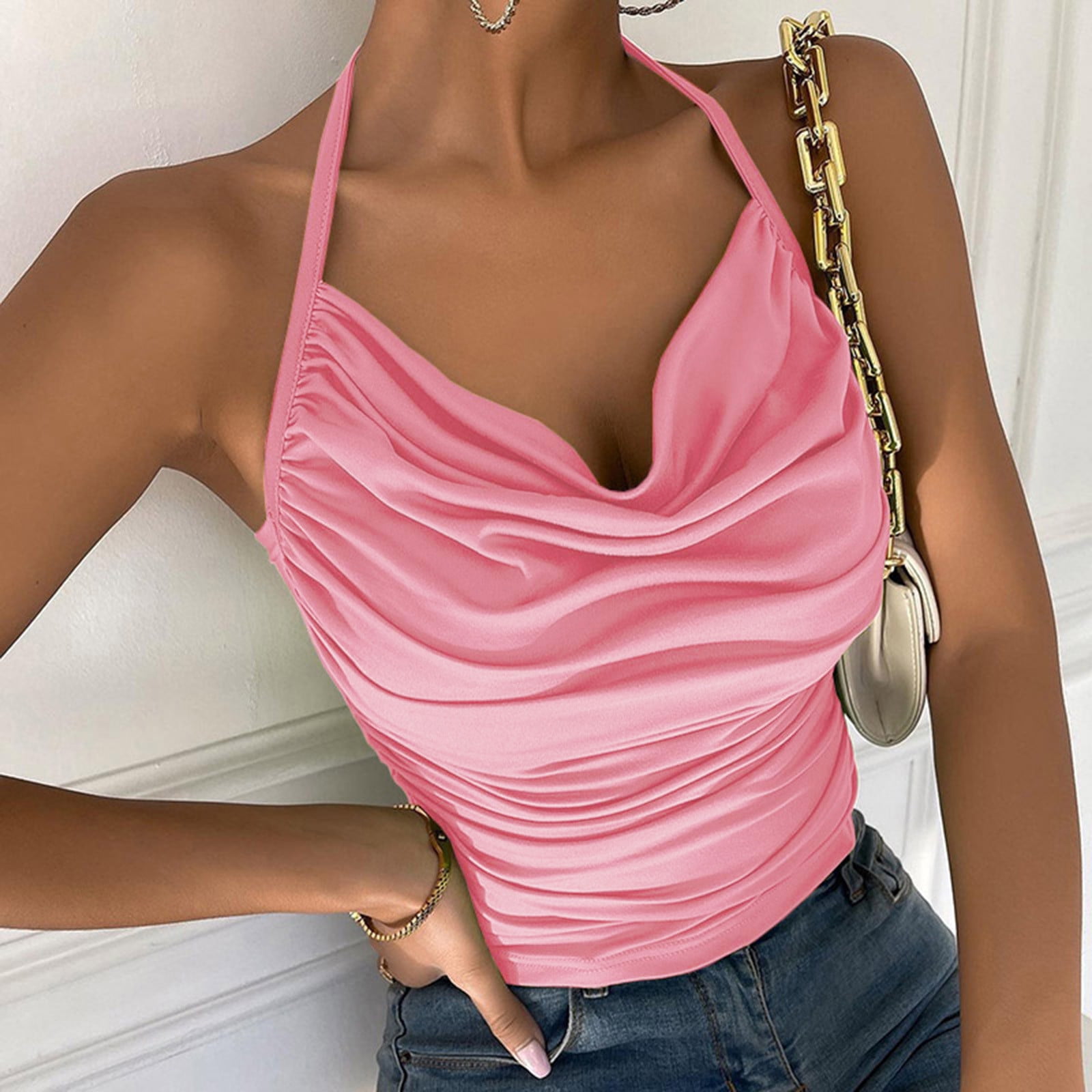 Summer Tops For Womens Halter Neck Spaghetti Strap Shirts Shoulder Strap Casual Blouse Slim Tank Tops Walmart