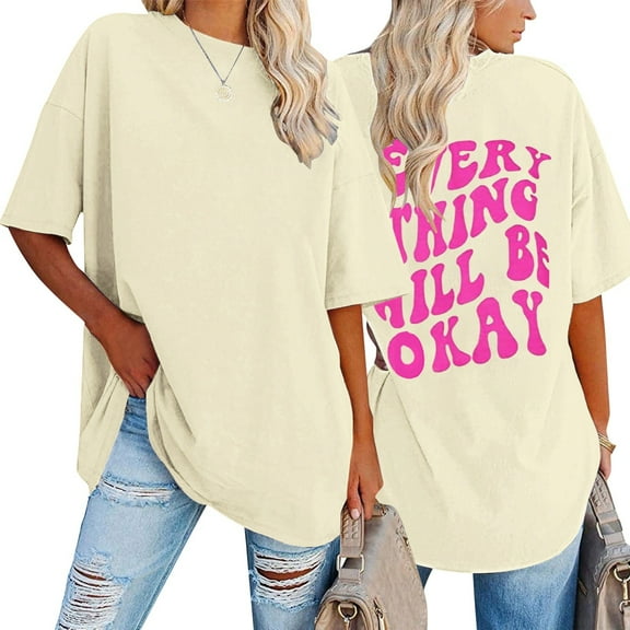 Summer Tops For Womens T Shirts Loose Fit Casual Crew Neck Oversized Back Print Short Sleeve Women's T-Shirts Graphic Tees Beige M