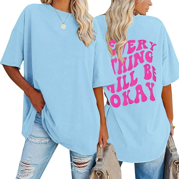 Summer Tops For Womens T Shirts Loose Fit Casual Crew Neck Oversized Back Print Short Sleeve Women's T-Shirts Graphic Tees Sky Blue L