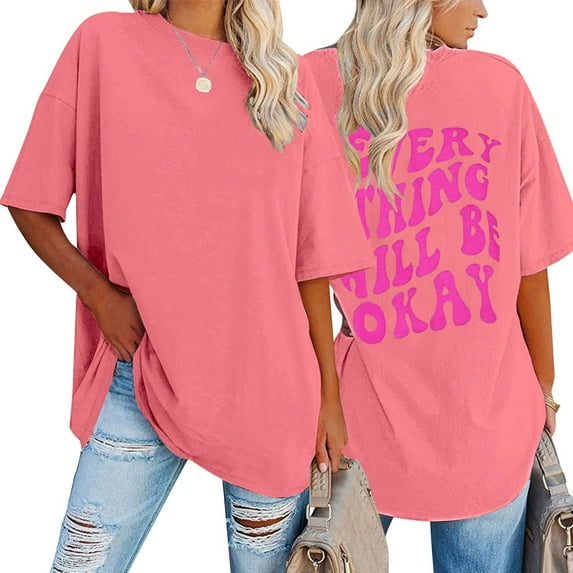 Summer Tops For Womens T Shirts Loose Fit Casual Crew Neck Oversized Back Print Short Sleeve Women's T-Shirts Graphic Tees Watermelon Red XXL