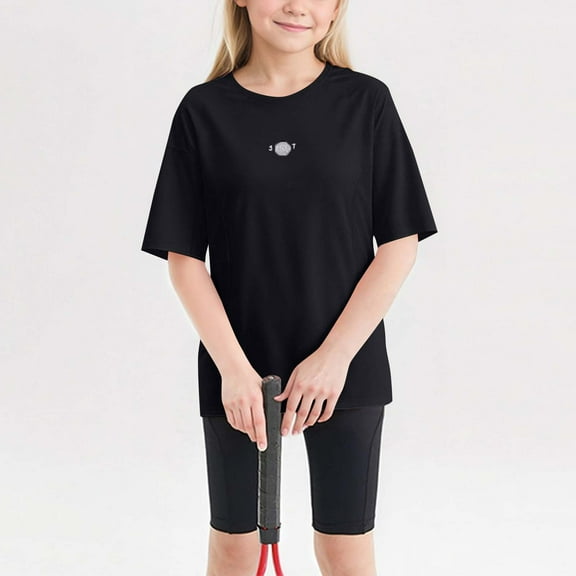Summer Saving Clerance Girls Shirts Size 5-13Y Short Sleeve Crew Neck Solid Color T-Shirts Summer Casual Lightweight Tops & Blouses for Girls Black