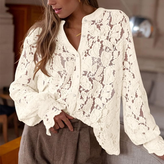 Summer Tops Gsakboxl Women's Fall Fashion Long Sleeve Button Up Blouse Elegant Lace Decorated Casual Shirt for Daily & Party Wear Shirts for Women
