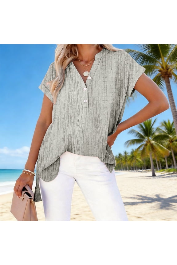 Summer Tops Gsakboxl Women's Oversized Solid V Neck Button Long Sleeve Shirt Bark Texture Wrinkled Casual Blouse Loose Fashion Top With Unique Crinkle Fabric for Daily & Street Wear Shirts for Women
