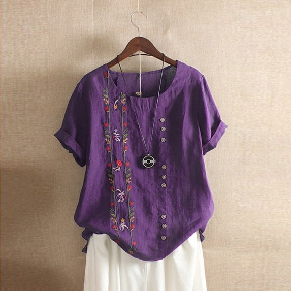 Summer Tops Gsakboxl Women's Plus Size Round Neck Button Down Short Sleeve Blouse Bohemian Floral Embroidered Cotton Linen Casual Top Shirts for Women