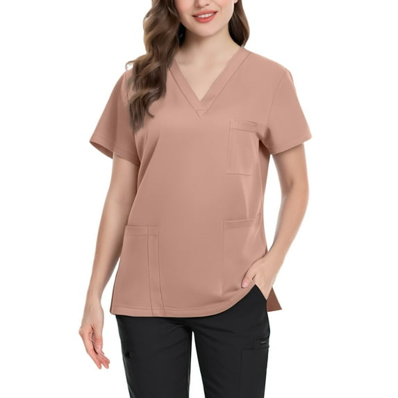 Summer Tops Hospital Scrubs for Women, Lightweight Scrub Top Shirt V-Neck Multi Pocket Side Slit Short Sleeve Work Casual Polyester Solid Color Pink M