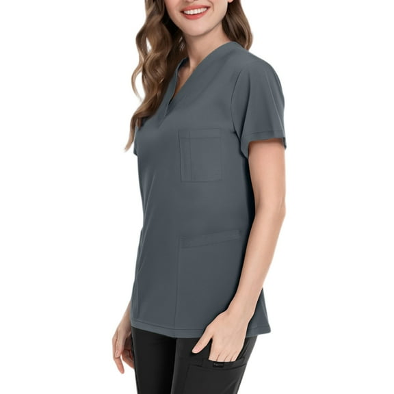Summer Tops Hospital Scrubs for Women, Side Slit - Solid Color Short Sleeve Medical Uniform Healthcare Professionals Lightweight Breathable V-Neck Nursing Scrub Top Grey M