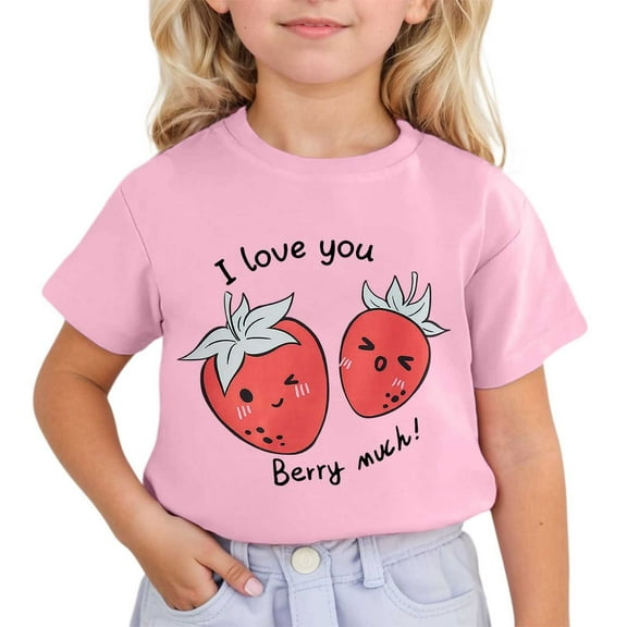 Summer Tops Kids Girls Summer Cute Strawberry Prints Short Sleeved Round Neck T Shirt Toddler Casual Breathable Tops Boys T Shirts Pink 5 Years-6 Years