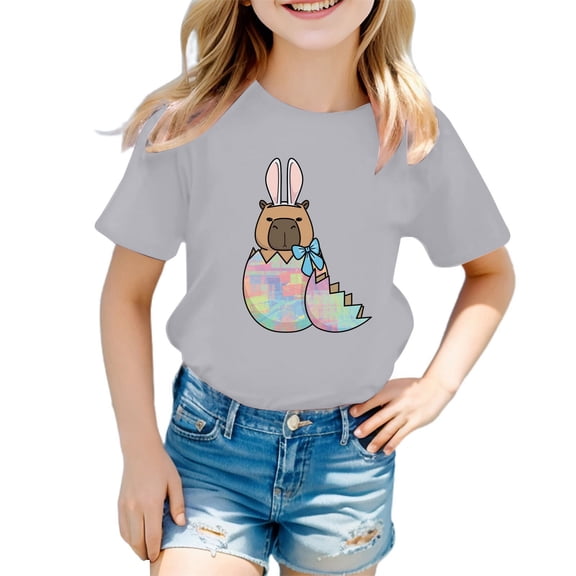 Summer Tops Kids Girls Summer Rabbit Print T Shirt Child Cute Easter Short Sleeve Tee Top Baby Boy Summer Clothes Grey 7 Years-8 Years