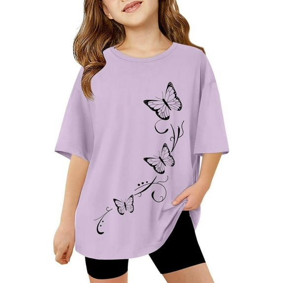 Summer Tops Kids Teen Girls Summer Breathable Soft Short Sleeve Round Neck Casual T Shirt with Butterfly Prints Girls T Shirts Purple 3 Years-4 Years