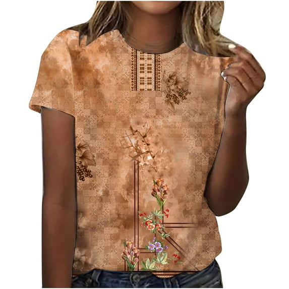Summer Tops Loose Fit Graphic Print Shirts for Women Short Sleeve Crew Neck Tee Retro Floral Print Casual Tshirt (Large, Coffee)