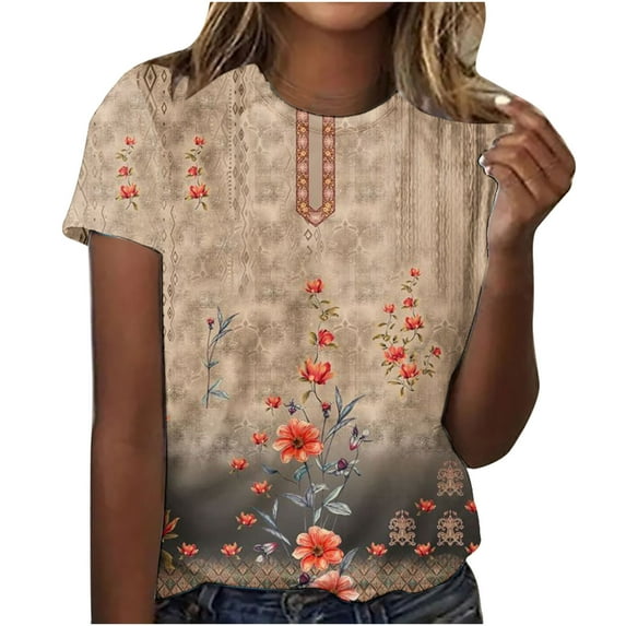 Summer Tops Loose Fit Graphic Print Shirts for Women Short Sleeve Crew Neck Tee Retro Floral Print Casual Tshirt (X-Large, Beige)