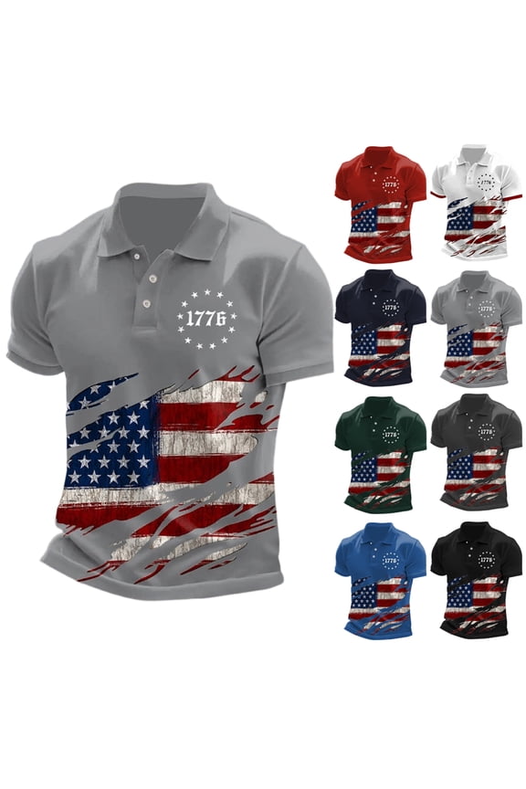 Summer Tops Men's Loose Casual Flag Print Short Sleeve Collared Shirt Patriotic Summer Top for Fourth of July and Casual Outings Men's Clothing Light Gray XL