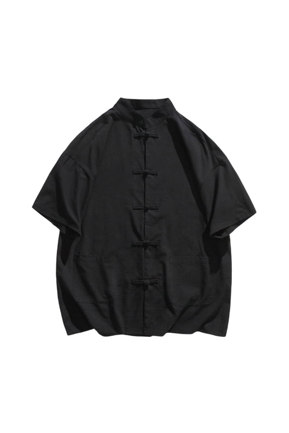 Summer Tops, Men's Retro Mandarin Collar Chinese Frog Button Shirts Short Sleeve Tang Suit Shirt Traditional Kung Fu Uniform