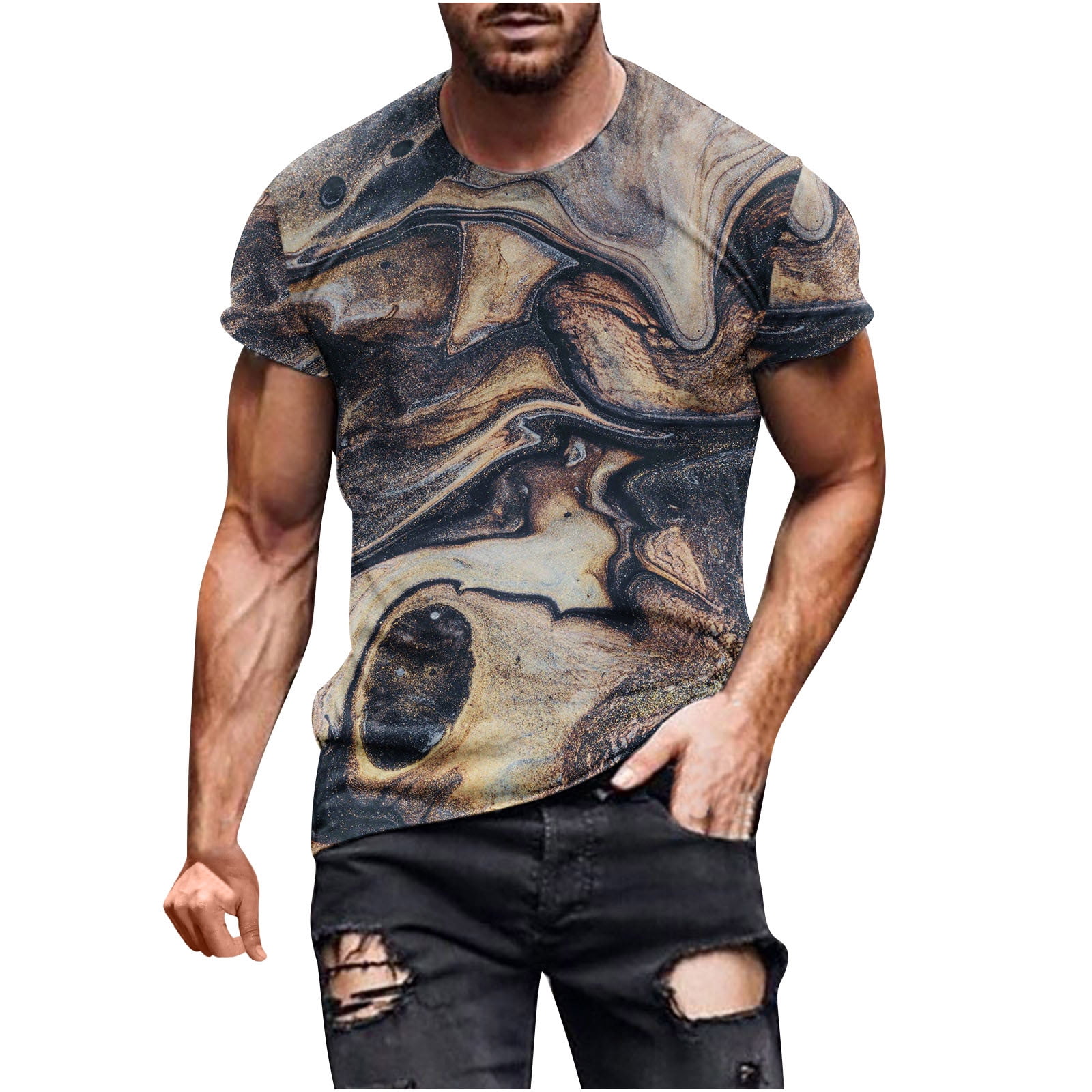 Penkiiy 3D Muscular Man Print Fashion Fitness Round Neck Short Sleeve  T-Shirt T-shirts S Khaki On Clearance