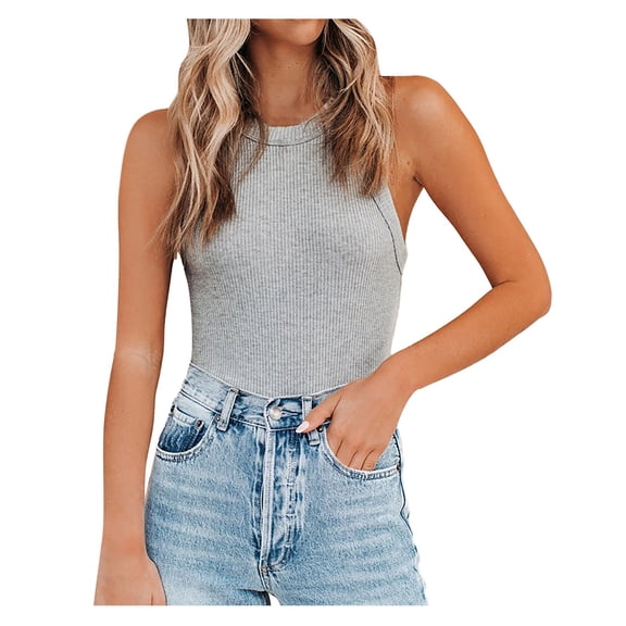 Summer Tops Pack Athletic Tops for Women Pack Beauty Tops for Women Baseball Tops for Women Bar Tops for Women Women's Casual Sleeveless Tops Solid Round Neck Tank Tops Ribbed Knit Slim Fit Summer