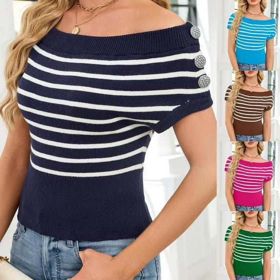 Summer Tops Plus Size Sawvnm Women‘s Casual Fashion Stripe Summer Round-Neck Short Sleeve Blouses Shirts Top Tops for Women Navy XL