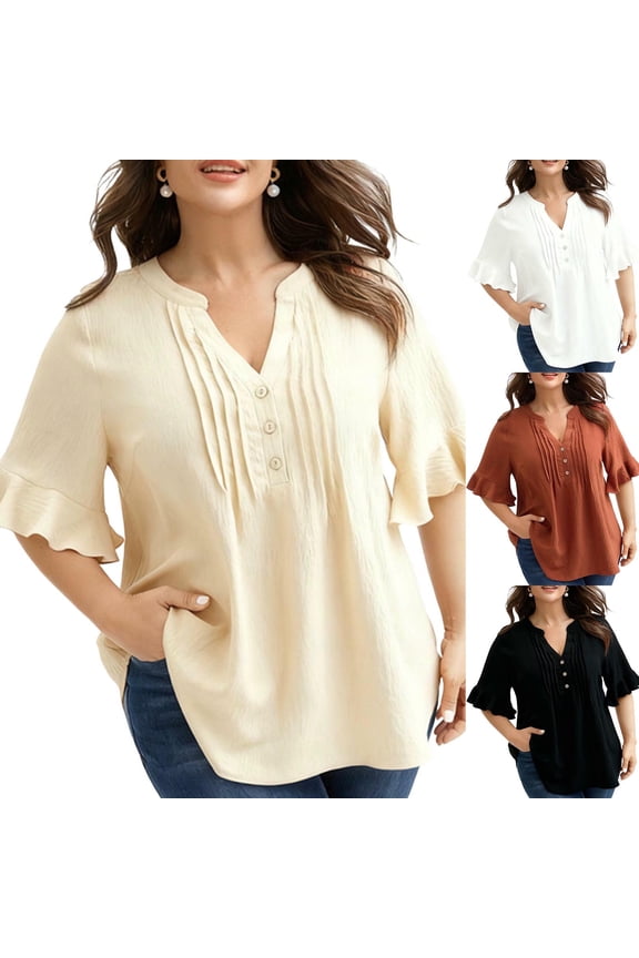 Summer Tops Plus Size Sawvnm Women's Flowy V-Neck Blouse With Cascading Ruffles A Smocked Elasticated Bodice And A Relaxed For Effortless And Style Tops for Women Beige M