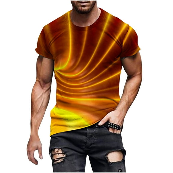 Summer Tops Plus Size Shirts for Men Short Sleeve Round Neck Tops 3D Printing Workout Lightweight Fashion Going Out Tops Big & Tall Mens Shirts(Orange,3XL)