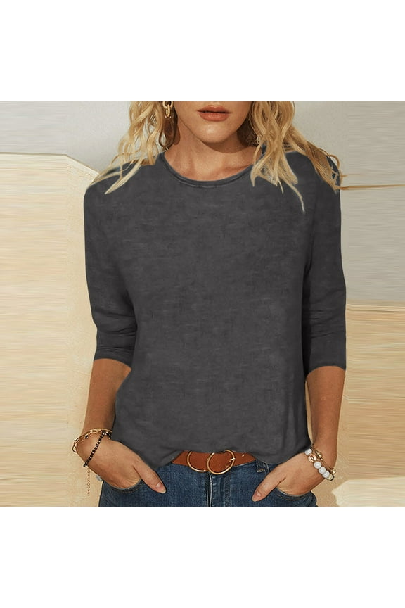 Summer Tops Saving! Funicet Women's Mid-length 3/4 Sleeves Solid Loose T-shirt Blouse Round Neck Casual Tops Dark Gray L