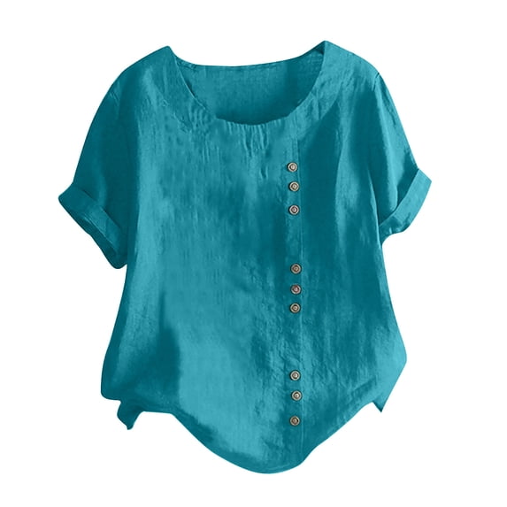 Summer Tops Saving! VERUGU Women's Cotton Linen T-Shirts Short Sleeve Tunic Tops Casual Loose Blouse