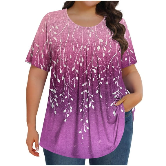 Summer Tops for Seniors Crew Neck Short Sleeve Shirts Vintage Floral Print Blouse Casual Loose Fit Tee Shirt Pleated Front Tunic Plus Size Tops for Women