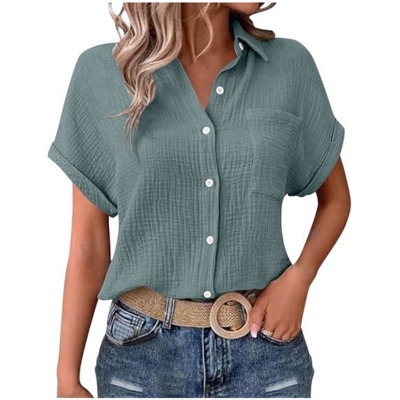 Summer Tops Sevevn Woman Fashion Solid Color Button Pocket Short Sleeve Turndown Collar Blouse Tops