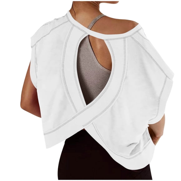Summer Tops Sevevn Womens Open Back Workout Backless Short Sleeve Athletic Shirt Running Crop Gym Yoga Tee