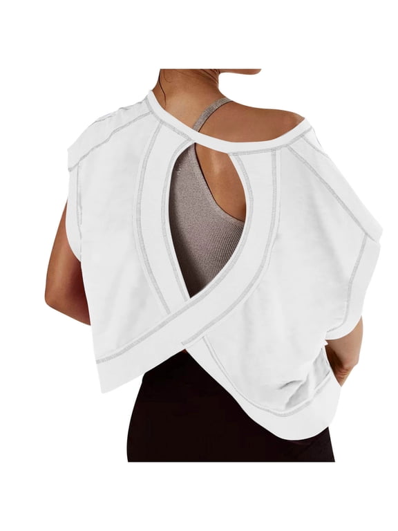 Summer Tops Sevevn Womens Open Back Workout Backless Short Sleeve Athletic Shirt Running Crop Gym Yoga Tee